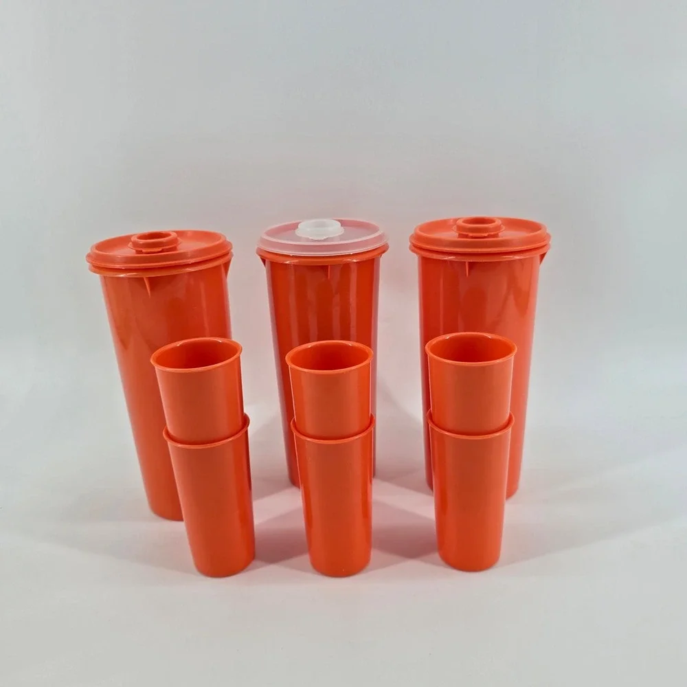 Vintage Tupperware 6pc Tumbler Set & 3pc Flip Top Beverage Holder Set Orange